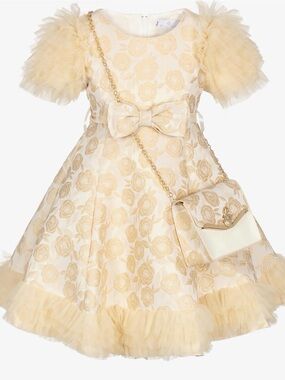 Girls Gold Floral Jacquard Dress & Bag Set